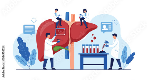 Miniature scientists and doctors conducting medical research and testing on a large human liver model in a blue laboratory.