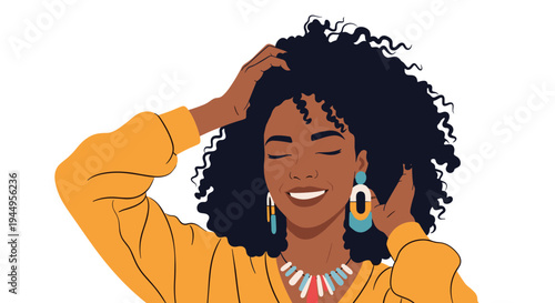 Portrait of a beautiful smiling woman with large curly hair wearing stylish colorful earrings and a necklace in a sweater.