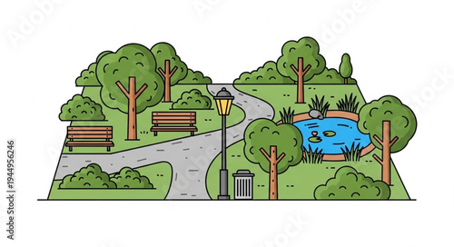 Illustration of a beautiful park with trees benches and a pond.