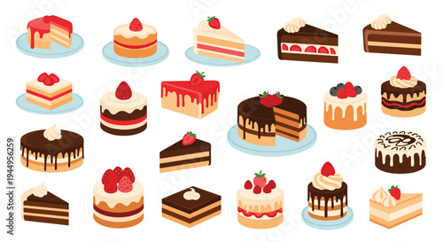 Delicious assortment of cake slices and whole cakes decorated with fresh strawberries and chocolate on a white background.