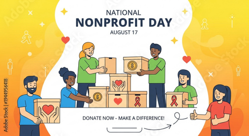 Diverse people donating boxes with charity symbols on national nonprofit day august 17 with a warm orange background