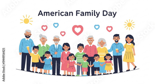 Diverse family members celebrate american family day with hearts and sunshine