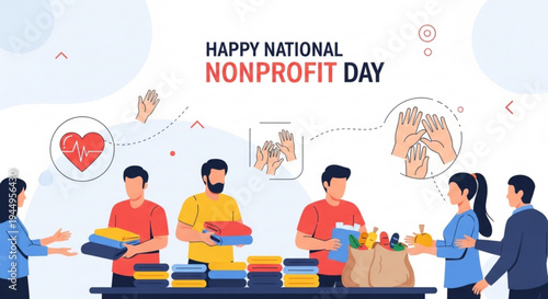 People volunteering and donating goods on national nonprofit day promoting charity and community service