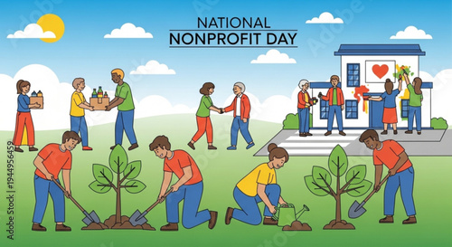 People planting trees and volunteering on national nonprofit day with a building in the background
