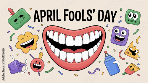Colorful april fools' day illustration with smiling mouth and cartoon characters