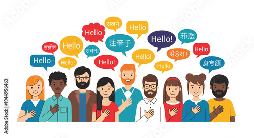 Diverse group of people from different cultures greeting with hands on hearts and speech bubbles saying hello in many languages.