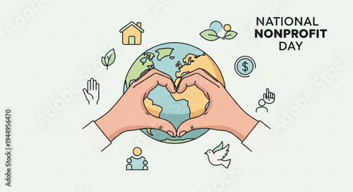 Hands forming heart shape around the earth on national nonprofit day with icons