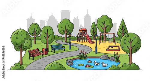 Vibrant cartoon park scene with playground and pond.