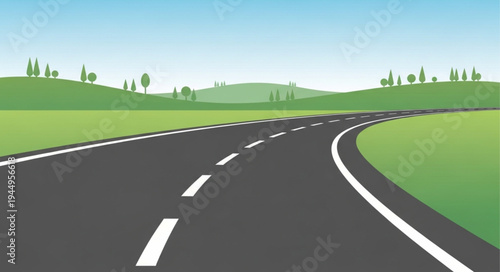 Curving asphalt road through green rolling hills under a clear blue sky.