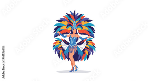 Performer wearing a massive and elaborate carnival costume with multicolored feathers and a crown in a majestic posing stance.