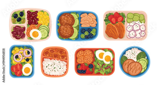 Assortment of healthy lunch boxes with balanced meals containing vegetables, proteins, grains, and fruits for daily meal prep inspiration.