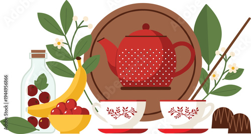 Traditional tea ceremony set with teapot cups fruit and herbs cozy beverage vector illustration