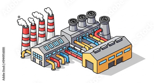 Industrial factory with smoking chimneys and pipes.