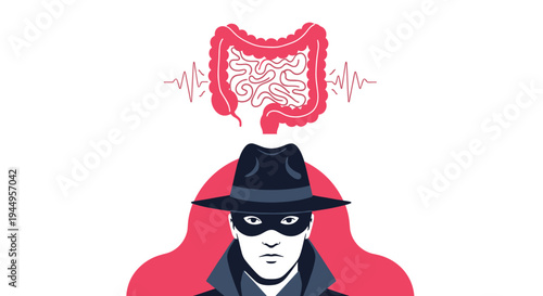 Medical concept of digestive health showing a mysterious man in a hat with human intestines and heartbeat line graphics above his head.