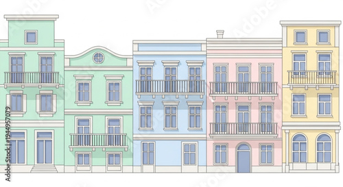 Colorful row of traditional European apartment buildings facade illustration.