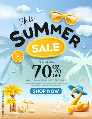 Summer sale poster holiday, yellow flamingo inflatable, coconut tree design, on cloud and sand beach background