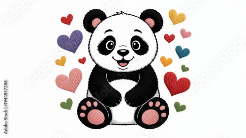 Cute panda bear sitting surrounded colorful hearts sweet expression playful atmosphere valentine's day theme adorable animal illustration