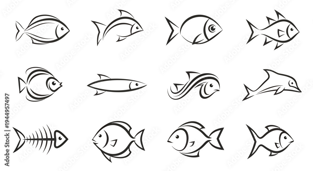 Obraz premium Set of black and white fish illustrations featuring stylized line art and marine silhouettes.