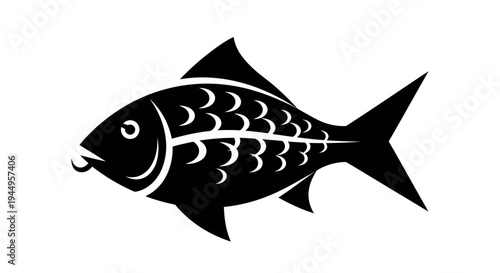 Black Silhouette Fish Illustration with Scaled Pattern and Tail Fin in Monochrome.