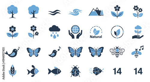 Collection of nature icons featuring flora fauna and landscapes.