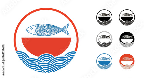 Stylized fish in a bowl with waves, decorative seafood illustration.