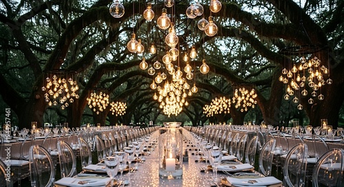 Luxury Outdoor Wedding Reception Under Ancient Oak Trees with Hanging Edison Bulbs