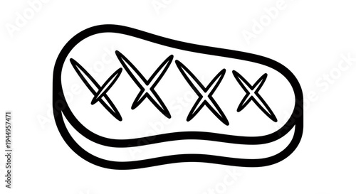 Monochrome line drawing of a steak with four X marks on it, a simple food illustration.