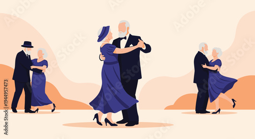 Elegant senior couples enjoying a ballroom dance together in a formal setting during a celebration or social event for elderly people.