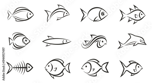 Set of black and white fish illustrations featuring stylized line art and marine silhouettes.