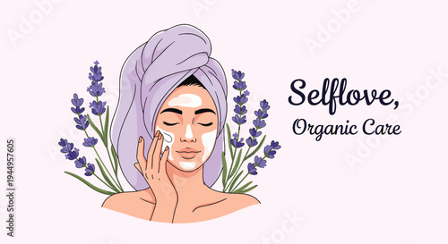 Beautiful woman practicing self-care by applying facial cream with a towel on her head surrounded by fresh purple lavender flowers.