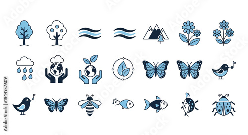 Collection of blue nature icons featuring trees, waves, water, sun, tents and camping elements.
