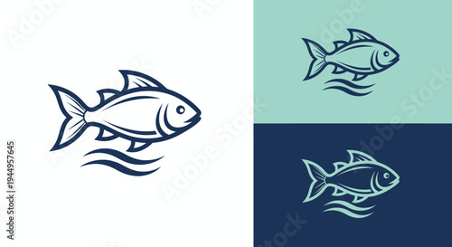 Quad Panel Fish Icons in Four Colors Abstract Illustration of Marine Animals.
