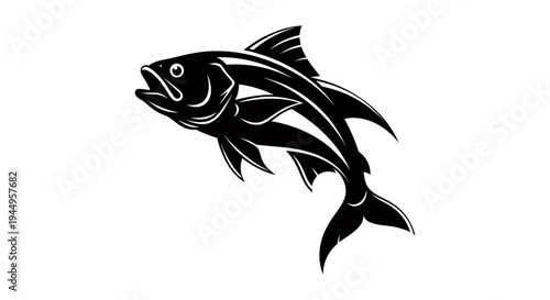 Dynamic black koi fish silhouette jumping in water with flowing fins and curves.