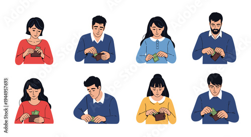 Group of diverse people looking sad and worried while checking their empty wallets during a financial crisis or money problems.