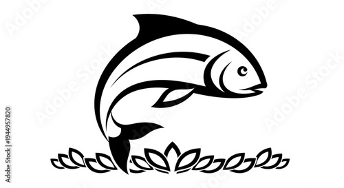 Stylized koi fish leaping over waves in a black and white emblem design.