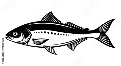 Illustrated Striped Trout: A Monochrome Fish in a Clear Aquatic Habitat.