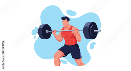 Strong bodybuilder in a red tank top lifting a heavy barbell during a workout session against a light blue abstract background shape.