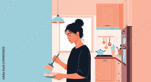 Young woman preparing a meal in a modern kitchen while using a brush to glaze ingredients on a plate in a bright interior setting.
