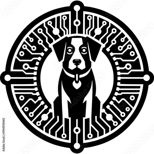 Tech-Savvy Canine: A digitally crafted emblem featuring a sleek dog silhouette encircled by a circuit board design, blending technology and companionship
