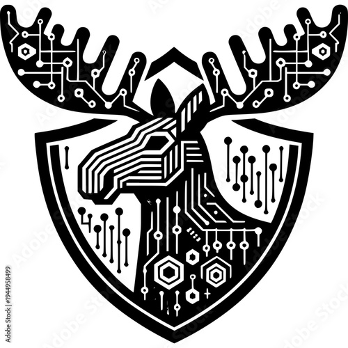 Tech Moose: A moose rendered in a stylized design, featuring circuit board patterns embedded within its form, set against a shield backdrop.