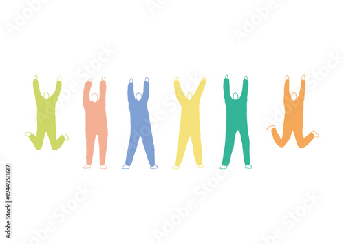 思いっきり手を伸ばして万歳をする人物のゆるいカラフルな手描きイラストセット