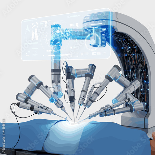 Advanced robotic arm with digital interface displaying data