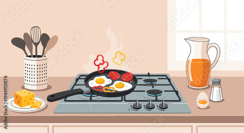 Delicious breakfast being prepared on a gas stove with a frying pan containing two eggs and sliced bell peppers in a bright kitchen.