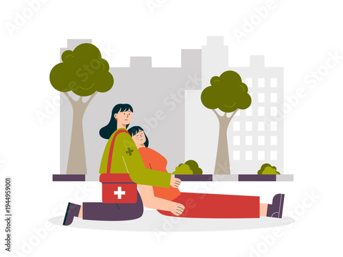 A first aid worker who provides assistance to someone who appears injured or unconscious. Helping people illustrations. Flat vector concepts.