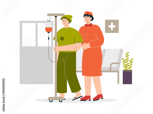 A nurse assisting a patient who appears to be receiving a blood transfusion or intravenous fluids. Helping people illustrations. Flat vector concepts.