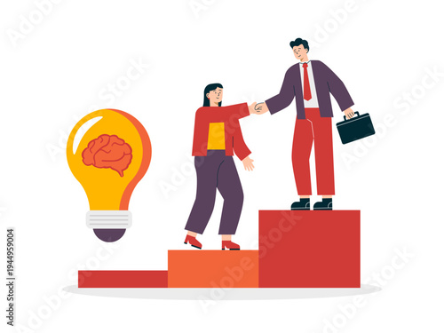 A senior professional worker helps junior employees climb the ladder to success. Helping people illustrations. Flat vector concepts.