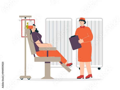 A woman donates blood with the help of medical personnel. Helping people illustrations. Flat vector concepts.