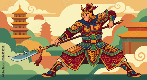 Chinese Warrior with Guan Dao

Flat vector illustration of a Chinese warrior holding a Guan Dao (traditional pole weapon). Decorative armor and warrior stance. Background with ancient Chinese