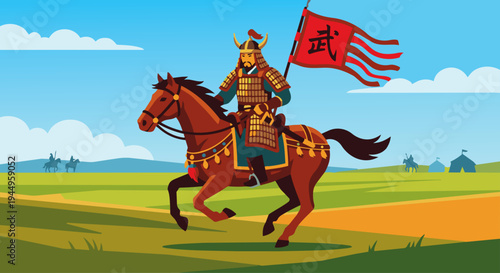 Chinese Warrior Riding Horse

Flat vector illustration of an ancient Chinese cavalry warrior riding a horse across open plains. Wearing traditional armor and carrying a spear or banner. Flat vector