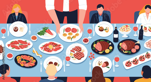 People gather around a long table covered with a diverse feast of meats, seafood, and vegetables to enjoy a communal dinner together.